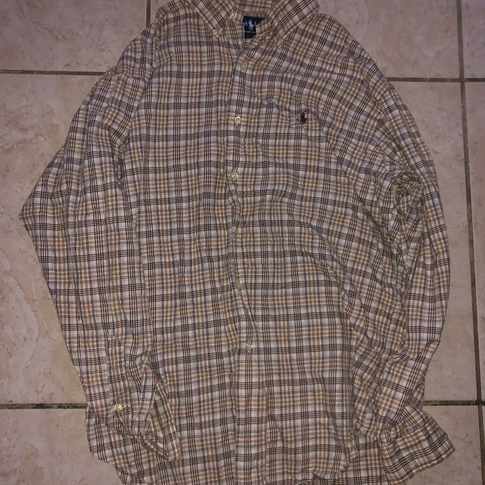 Polo Ralph Lauren Long Sleeve Oxford Shirt Plaid Mens Size M Tan Brown Vintage